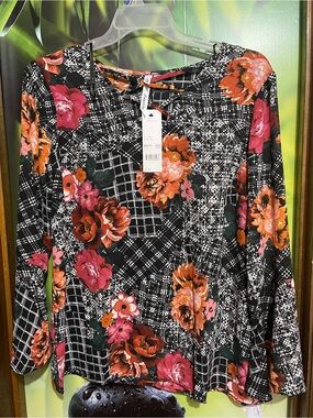 NY Collection Black Long-Sleeve Floral Plaid Top with Pink & Orange Blooms
